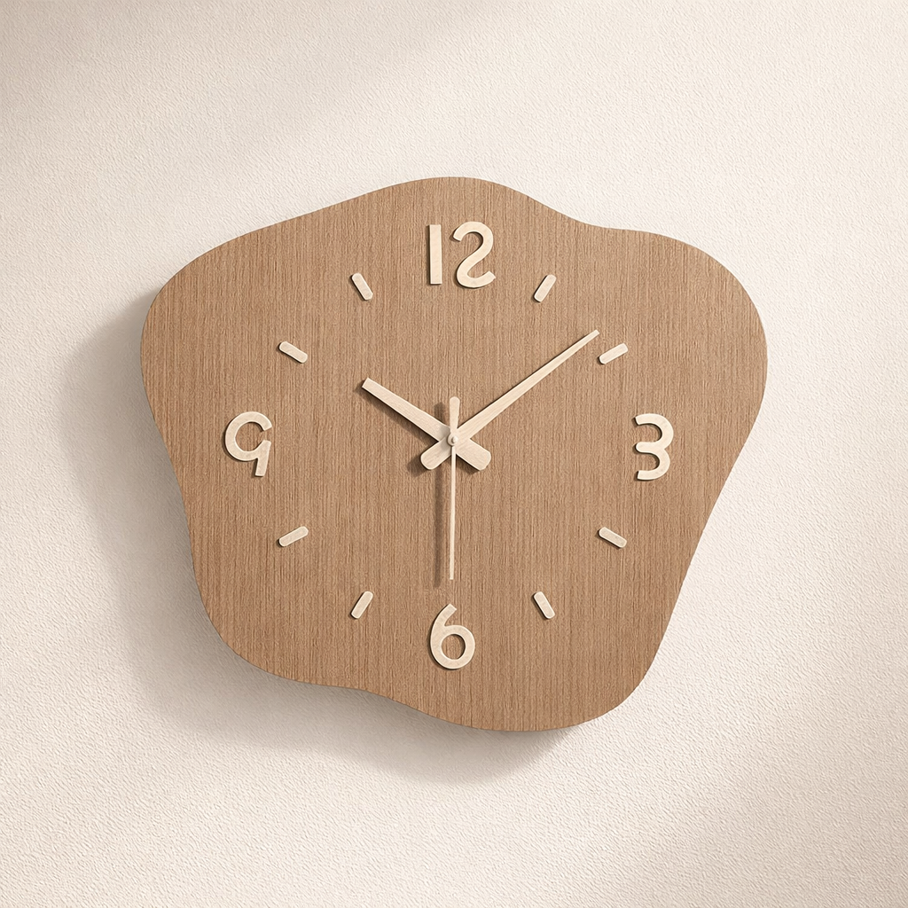 Wooden wall clock with a unique shape on a beige background