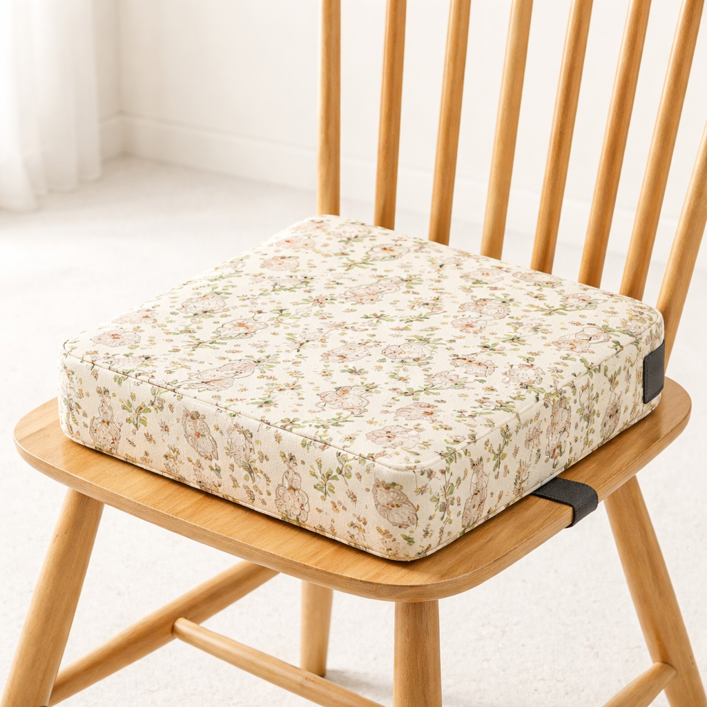 Floral-patterned cushion on a wooden chair with a white background