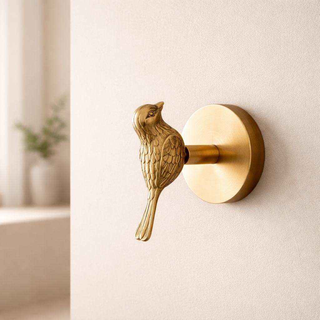 Decorative brass bird wall hook on a beige wall