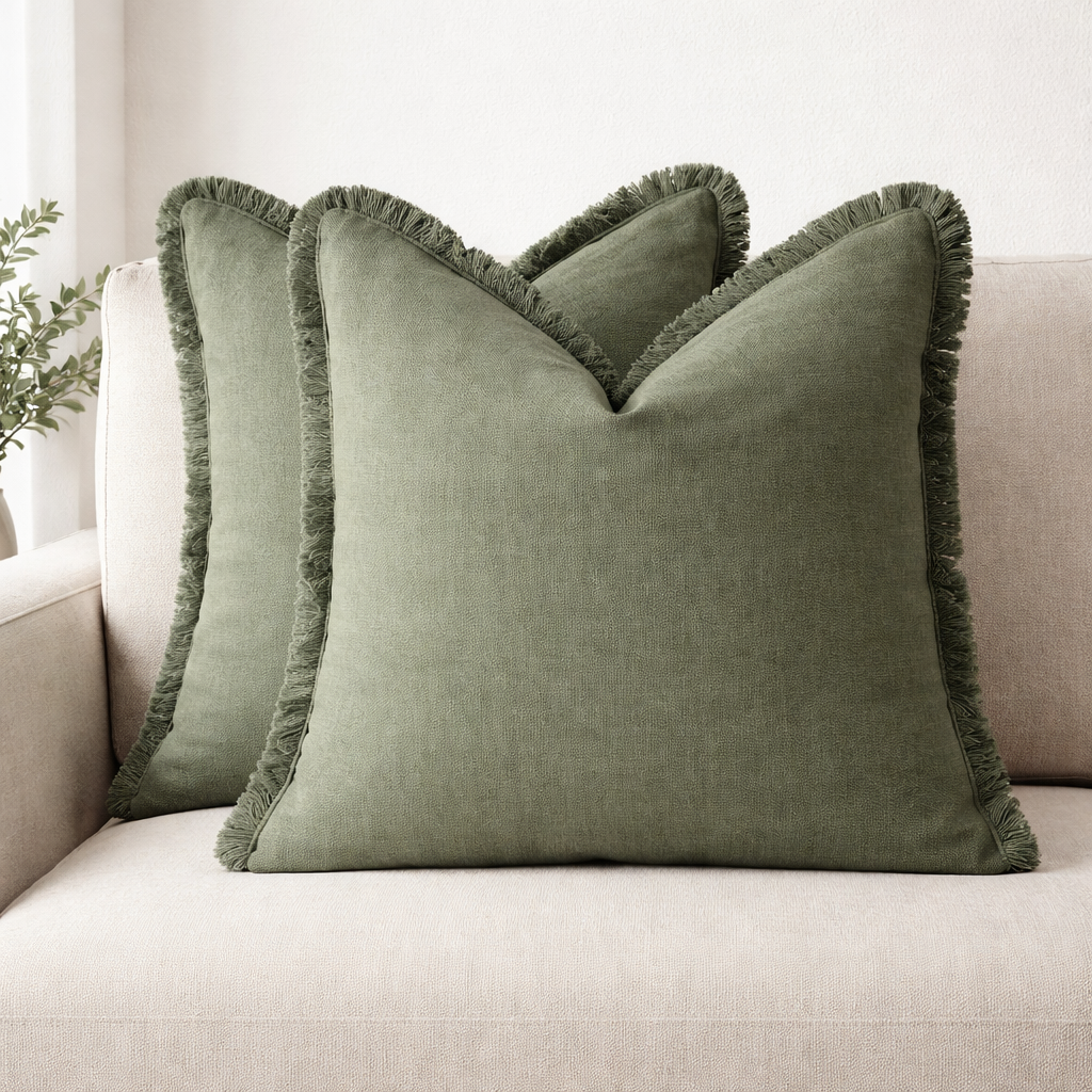 Green pillows with frayed edges on a beige sofa