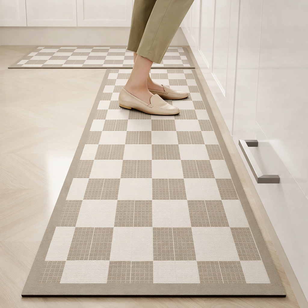 Checkered rug on a wooden floor with a person wearing beige shoes stepping onto it.
