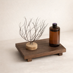 Wooden tray with a bottle and decorative branch on a beige background