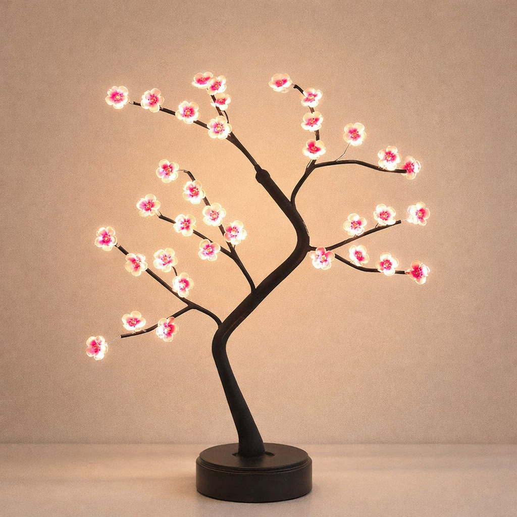 Decorative LED tree with pink blossoms on a beige background