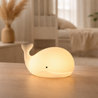 Whale-shaped night light on a wooden surface with a blurred indoor background