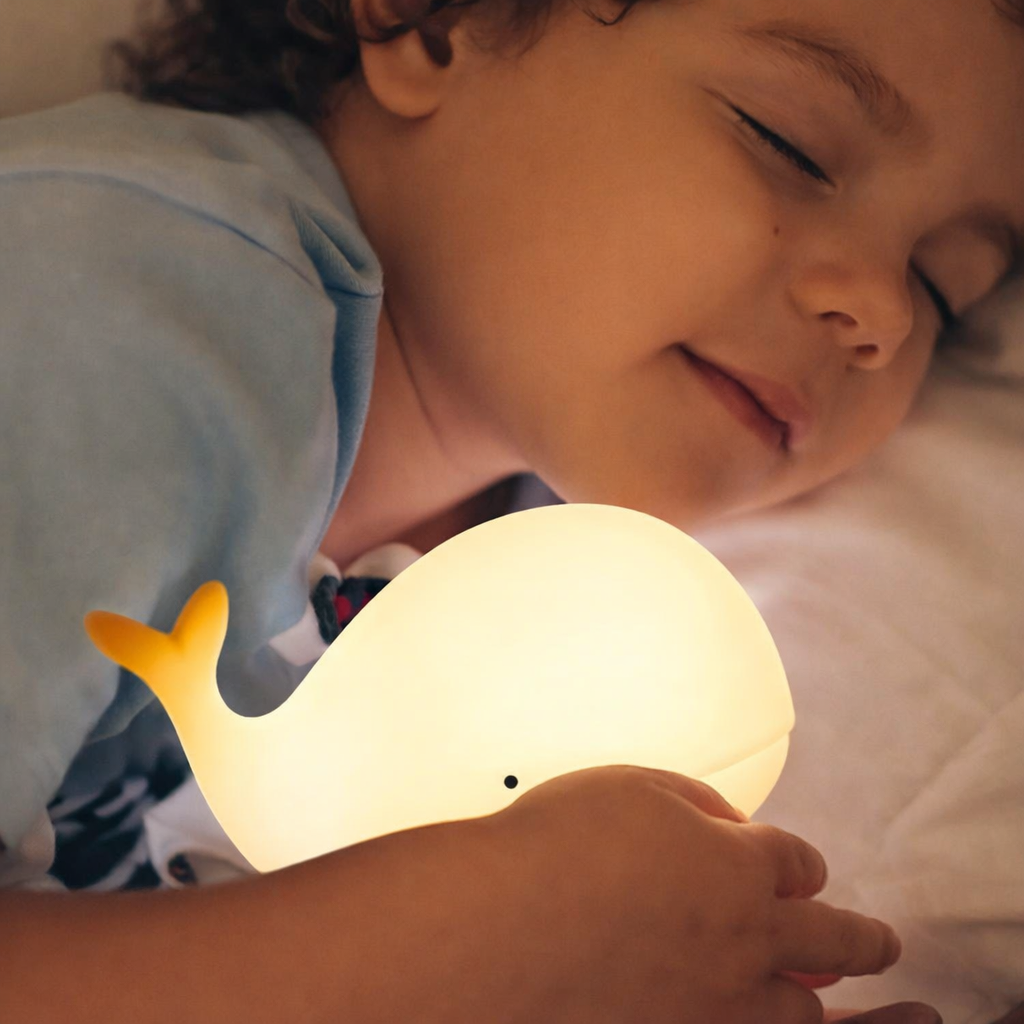 Child holding a glowing whale-shaped night light