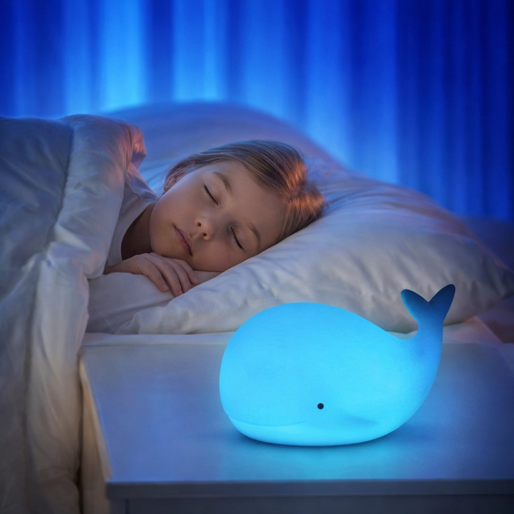 Child sleeping in bed with a whale-shaped night light on the nightstand.