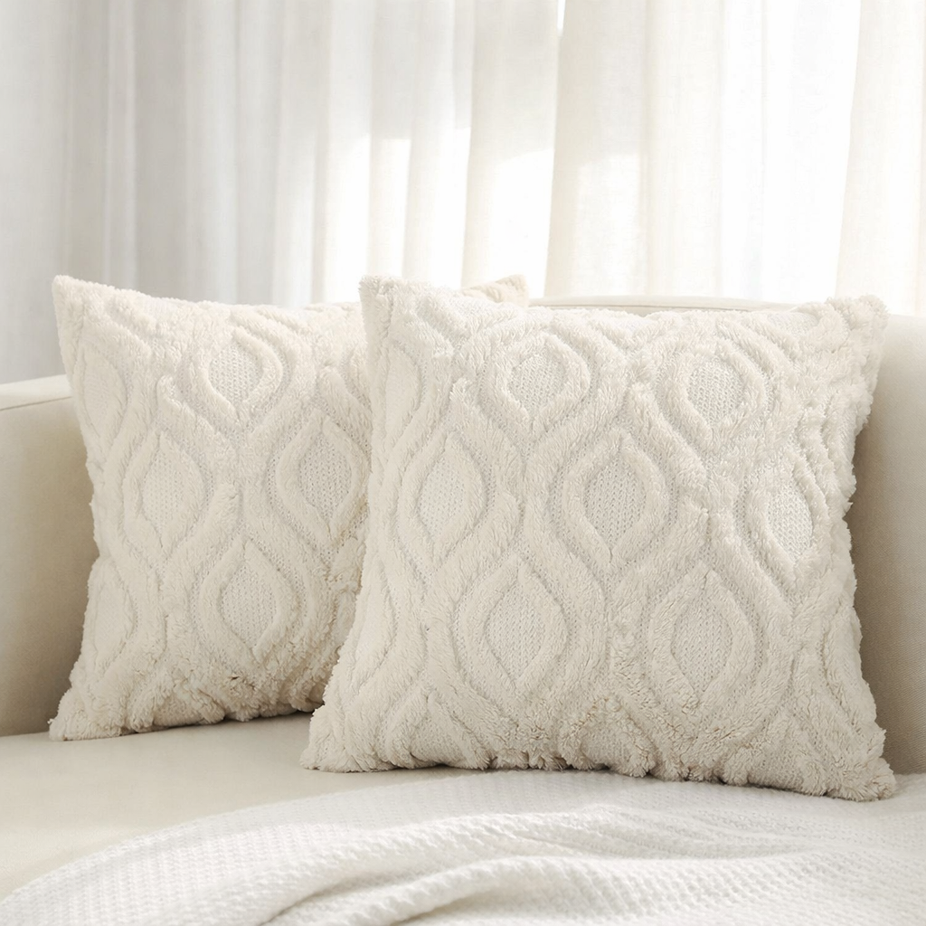 Two textured cream pillows on a sofa with a neutral background
