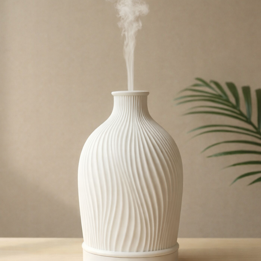 White textured diffuser emitting steam on a beige background with a plant leaf.