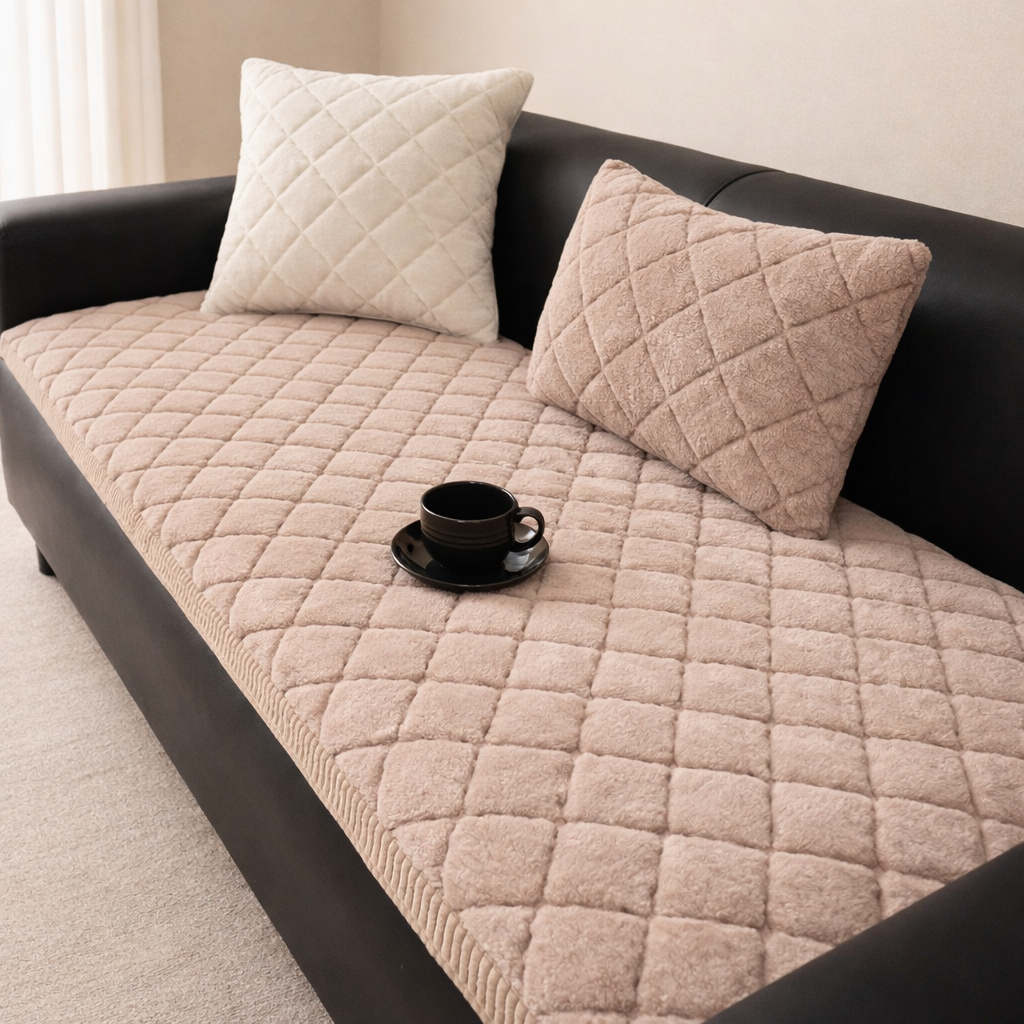 Beige quilted sofa cover on a black sofa with two pillows and a coffee cup.