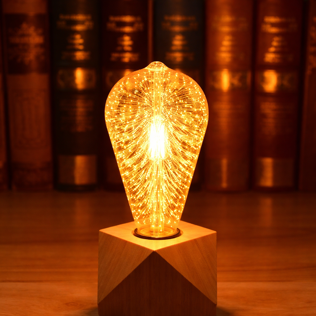 Decorative light bulb on a wooden base with books in the background