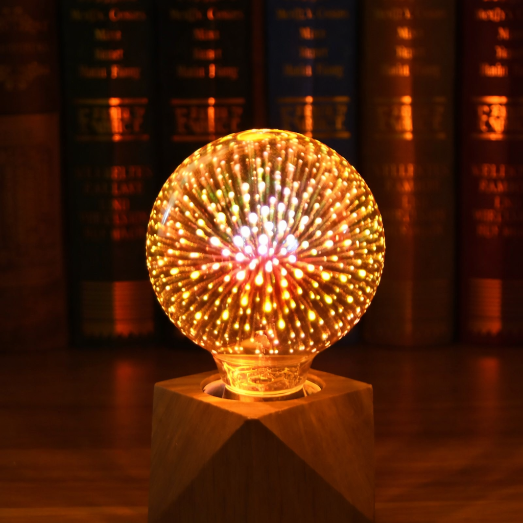 Decorative light bulb on a pedestal with a bookshelf in the background