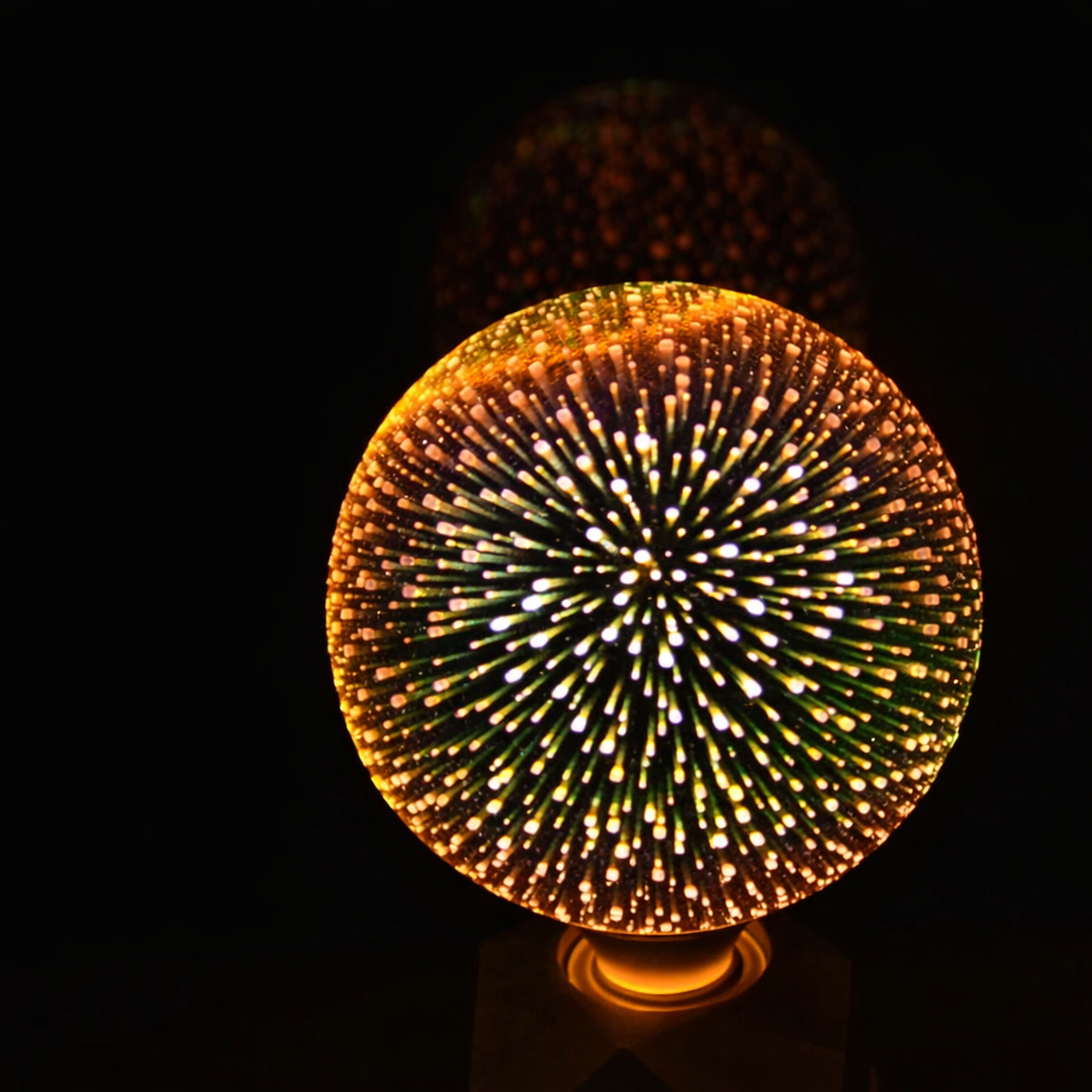 Decorative light bulb with a fiery design on a black background