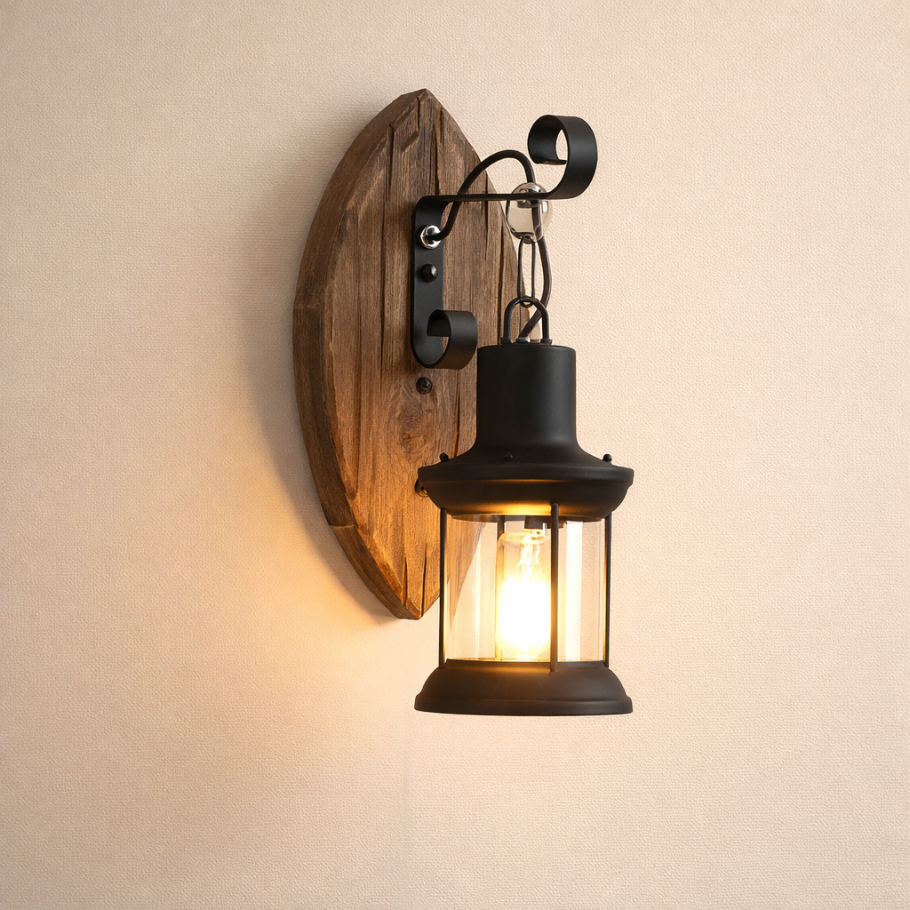 Wall-mounted light fixture with wooden base and black metal design on a beige wall.