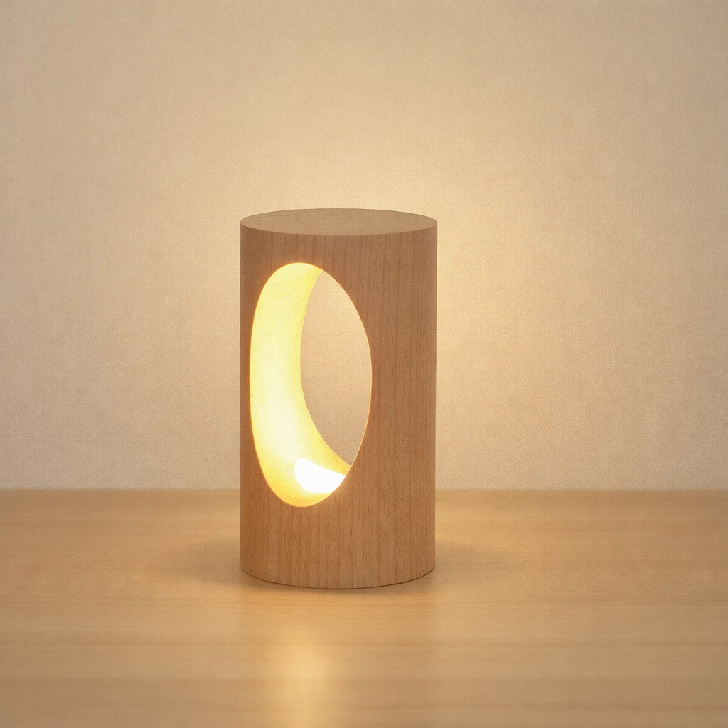 Wooden cylindrical lamp with a warm glow on a wooden surface.