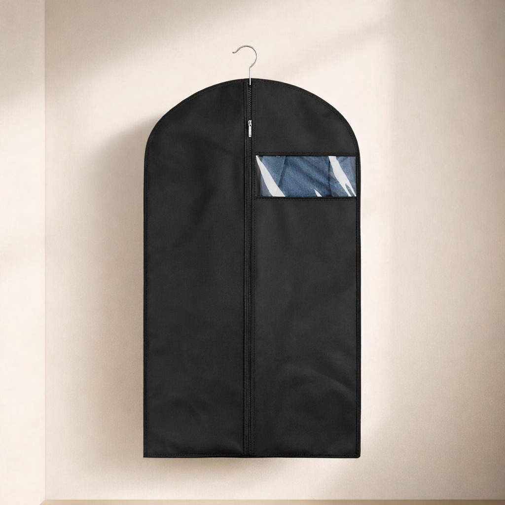 Garment bag with a pocket on a beige background