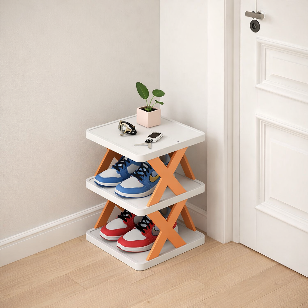 Three-tier shoe rack with colorful shoes on a white surface next to a door.