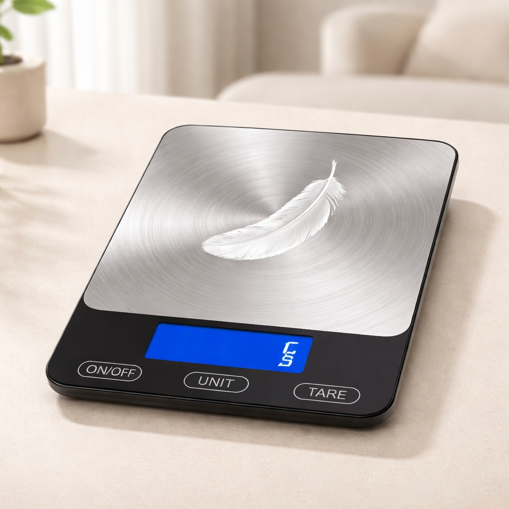 Digital kitchen scale with a feather on a light surface