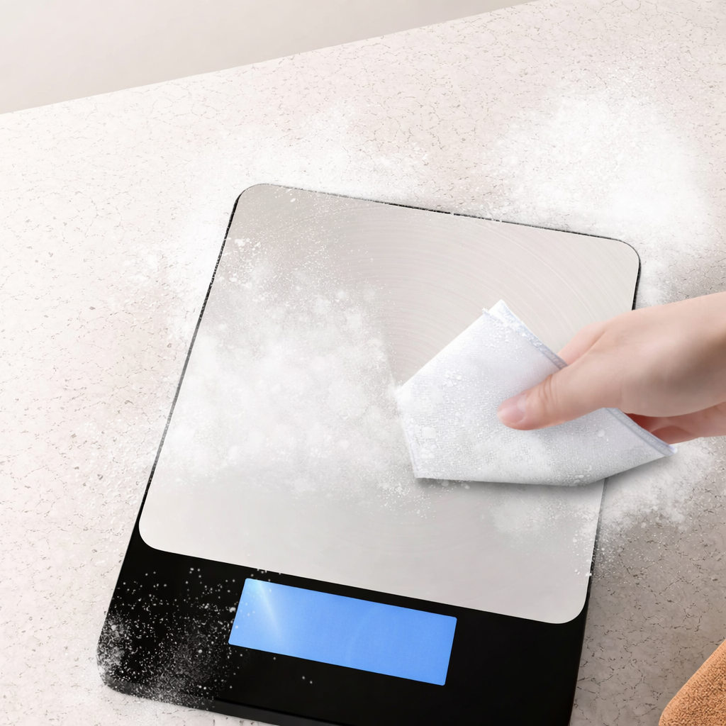Digital kitchen scale with a hand holding a cloth over it on a textured surface.