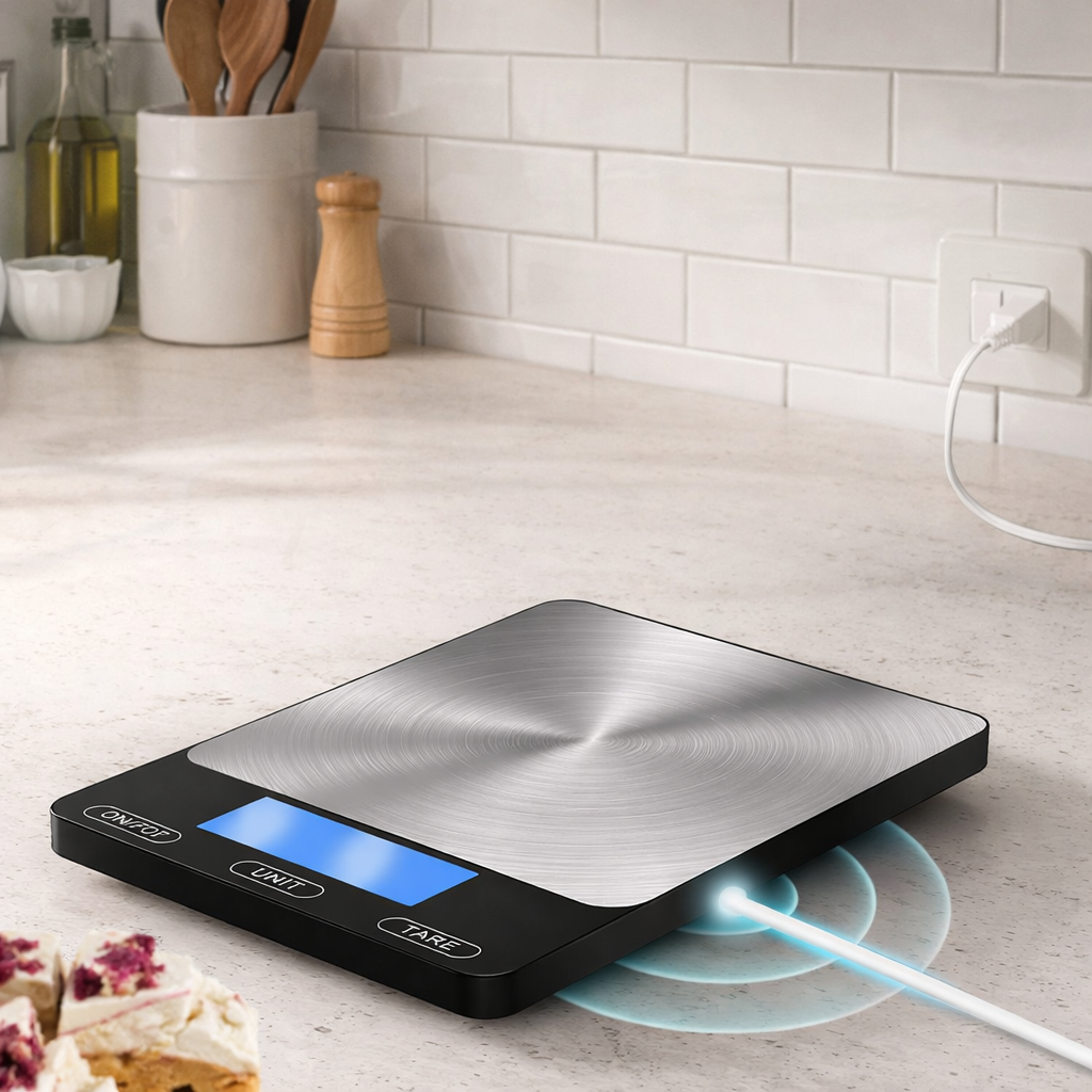 Digital kitchen scale on a kitchen counter with a white tiled wall in the background.