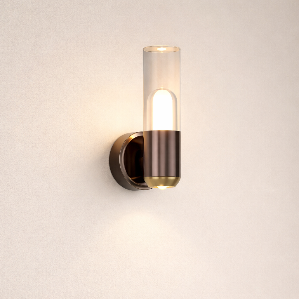 Modern wall-mounted light fixture with glass shade on a neutral background