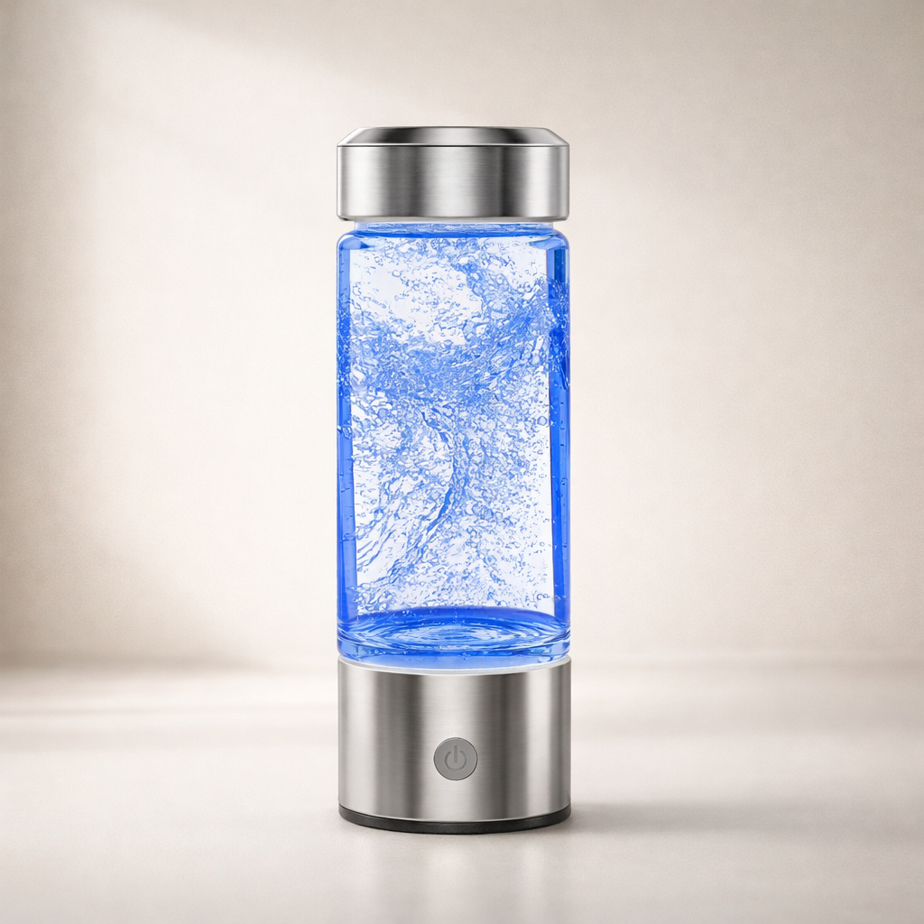 Stainless steel water bottle with blue light on a beige background
