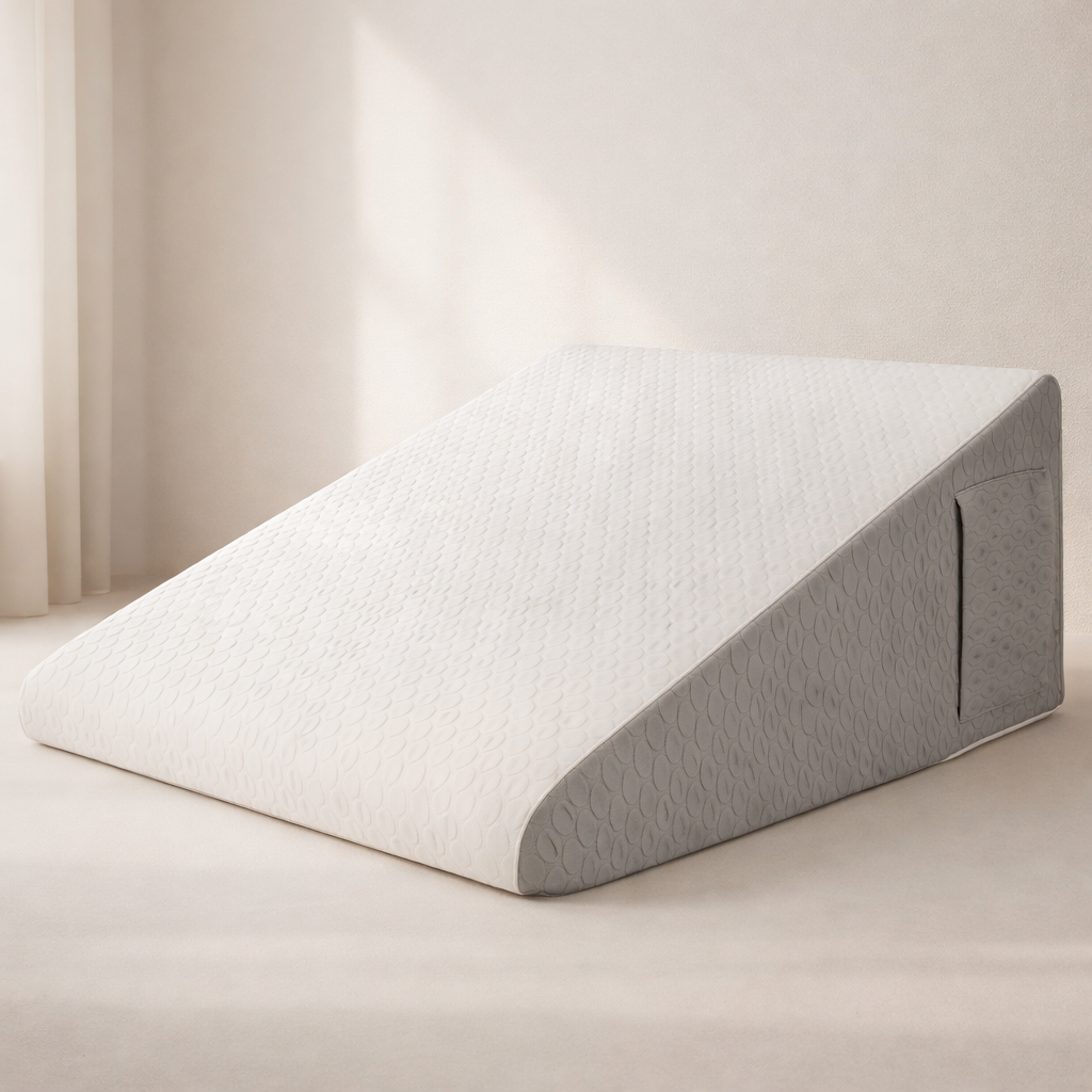 Triangular wedge pillow on a light surface with a neutral background