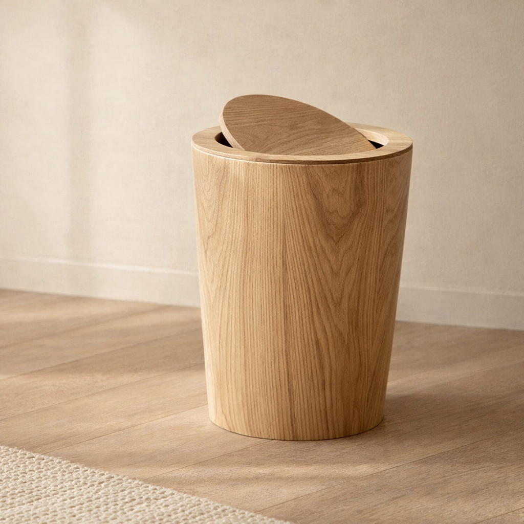 Wooden trash can on a wooden floor with a neutral background