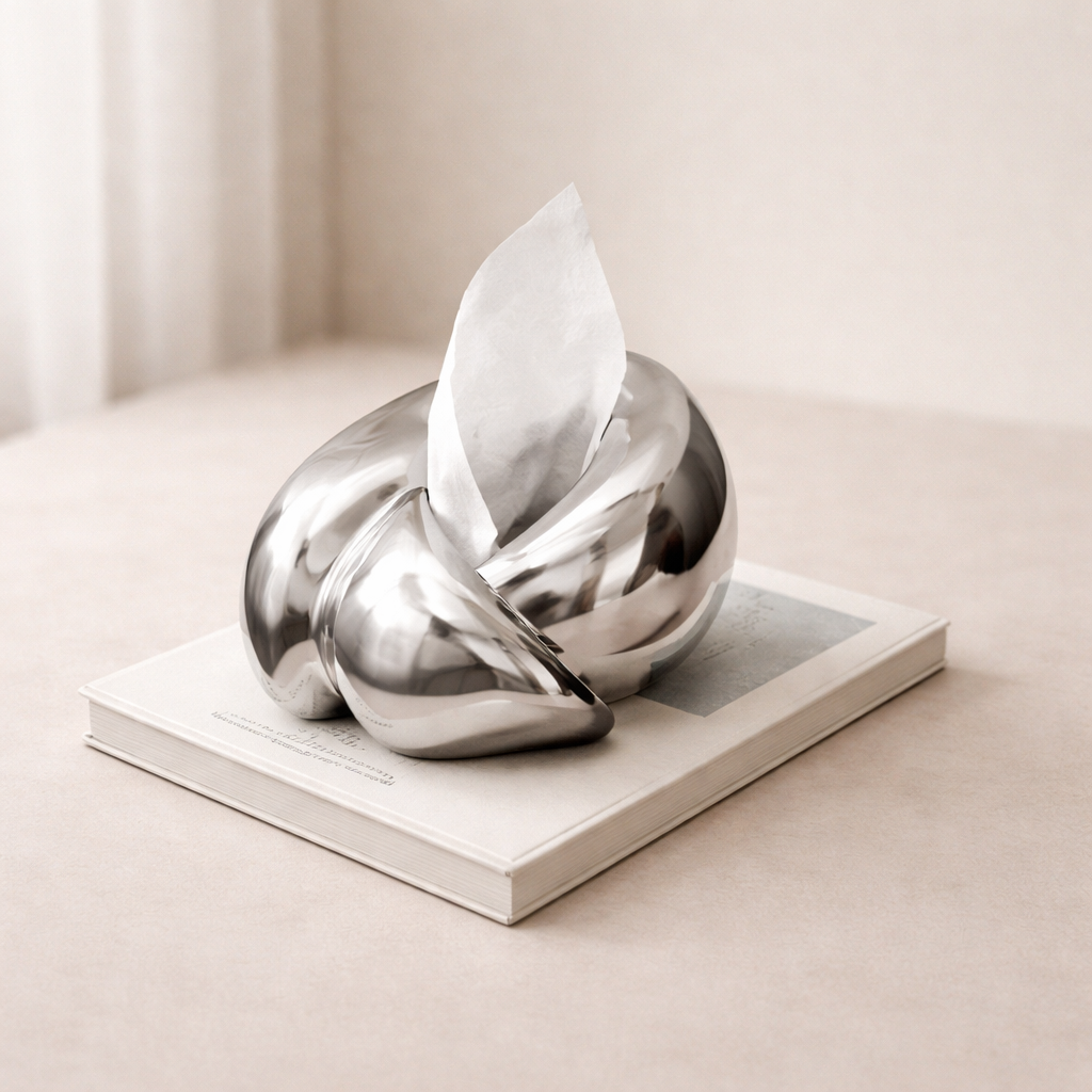 Silver abstract sculpture on a white platform against a neutral background