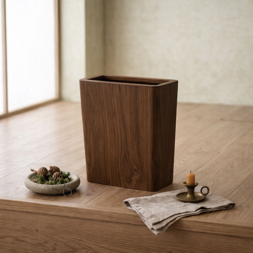 Wooden trash can on a wooden floor with decorative items around