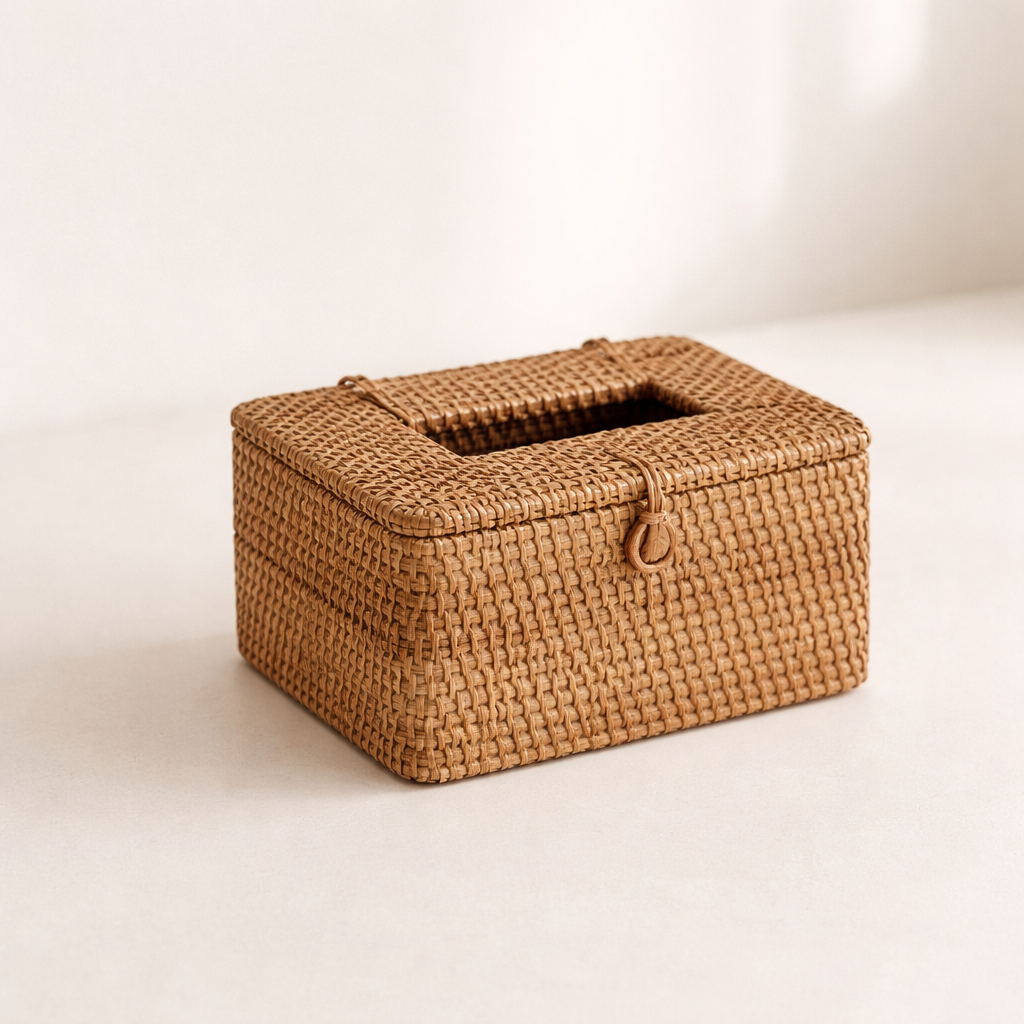 Woven brown tissue box on a light background