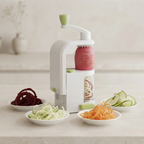 A white manual spiralizer with a green handle sits on a light countertop, with bowls of shredded vegetables including red beets, zucchini, and carrots arranged around it.