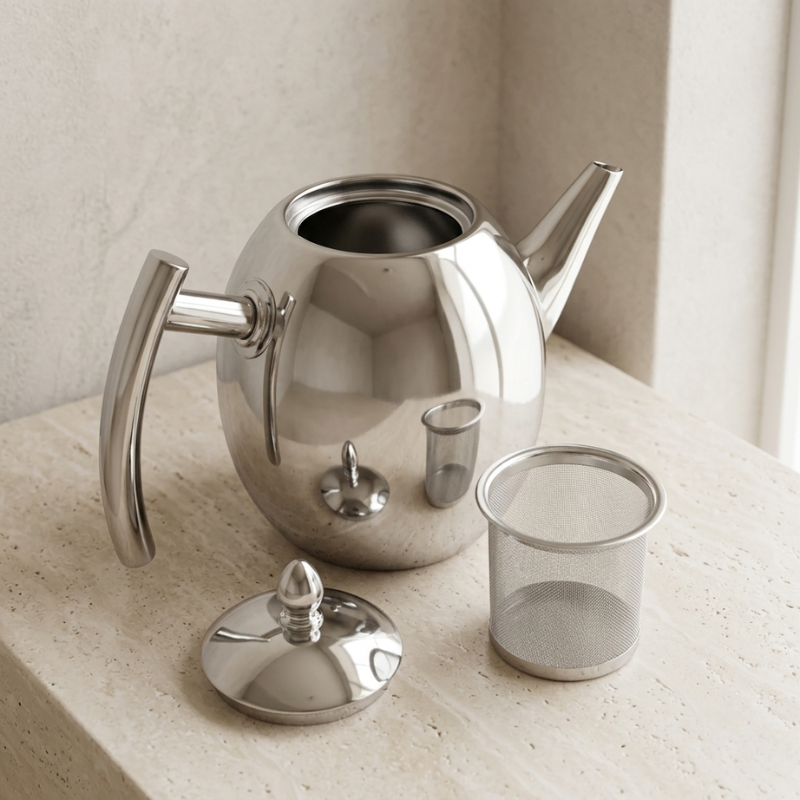 Silver teapot with lid and two strainers on a light surface
