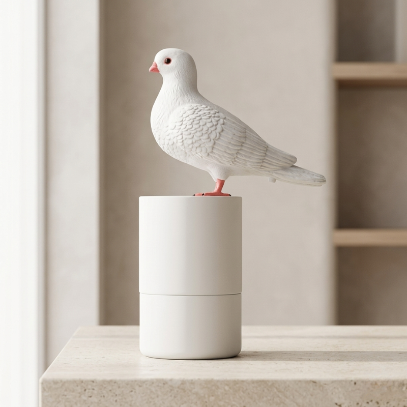 White ceramic pigeon figurine on a cylindrical white base against a neutral background
