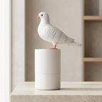 White ceramic pigeon figurine on a cylindrical white base against a neutral background