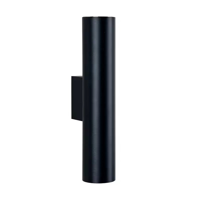 A modern matte black cylindrical wall sconce with a rectangular mounting bracket, shown against a plain white background.