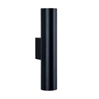 A modern matte black cylindrical wall sconce with a rectangular mounting bracket, shown against a plain white background.