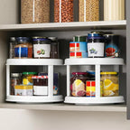 Kitchen shelves with rotating storage units holding various jars and cans.