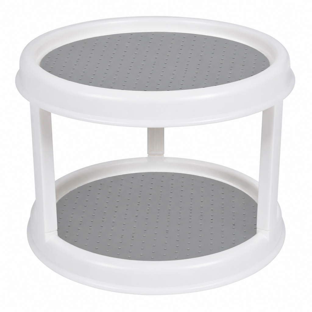 A two-tier round plastic storage shelf with a white frame and gray perforated shelves, shown on a plain white background.