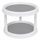 A two-tier round plastic storage shelf with a white frame and gray perforated shelves, shown on a plain white background.