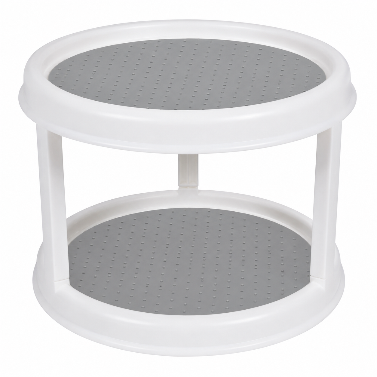 A two-tier round plastic storage shelf with a white frame and gray perforated shelves, shown on a plain white background.