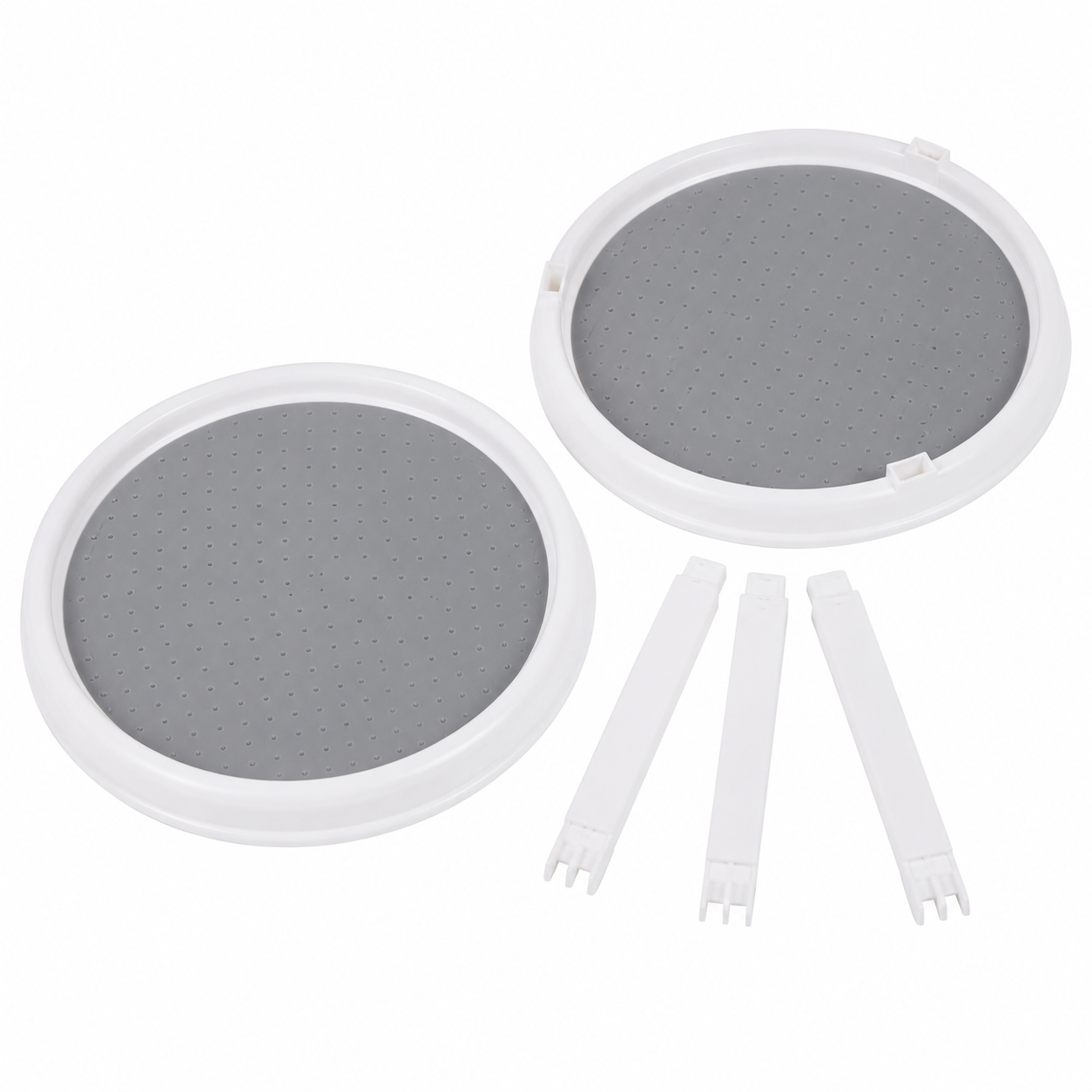 Two circular white and gray mesh filter replacement screens with four white plastic mounting clips, shown on a solid white background.