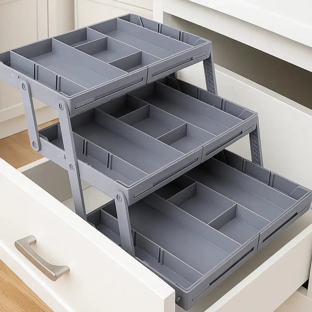 3-Tier Kitchen Drawer Organizer - Adjustable Plastic Dividers for Efficient Storage 0