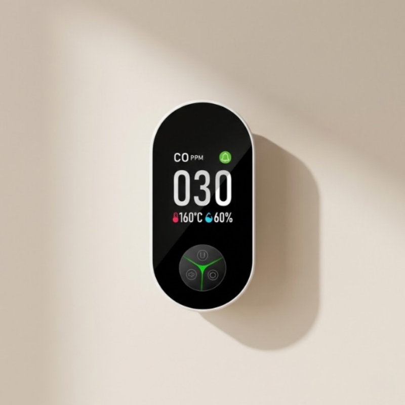 Digital sensor device on a beige wall displaying CO levels and temperature.