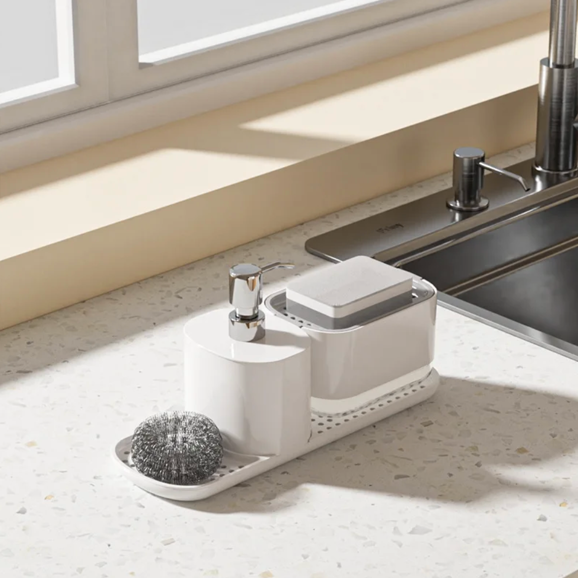 3-in-1 Soap Dispenser - Elegant Design with Organized Storage for Kitchen 0