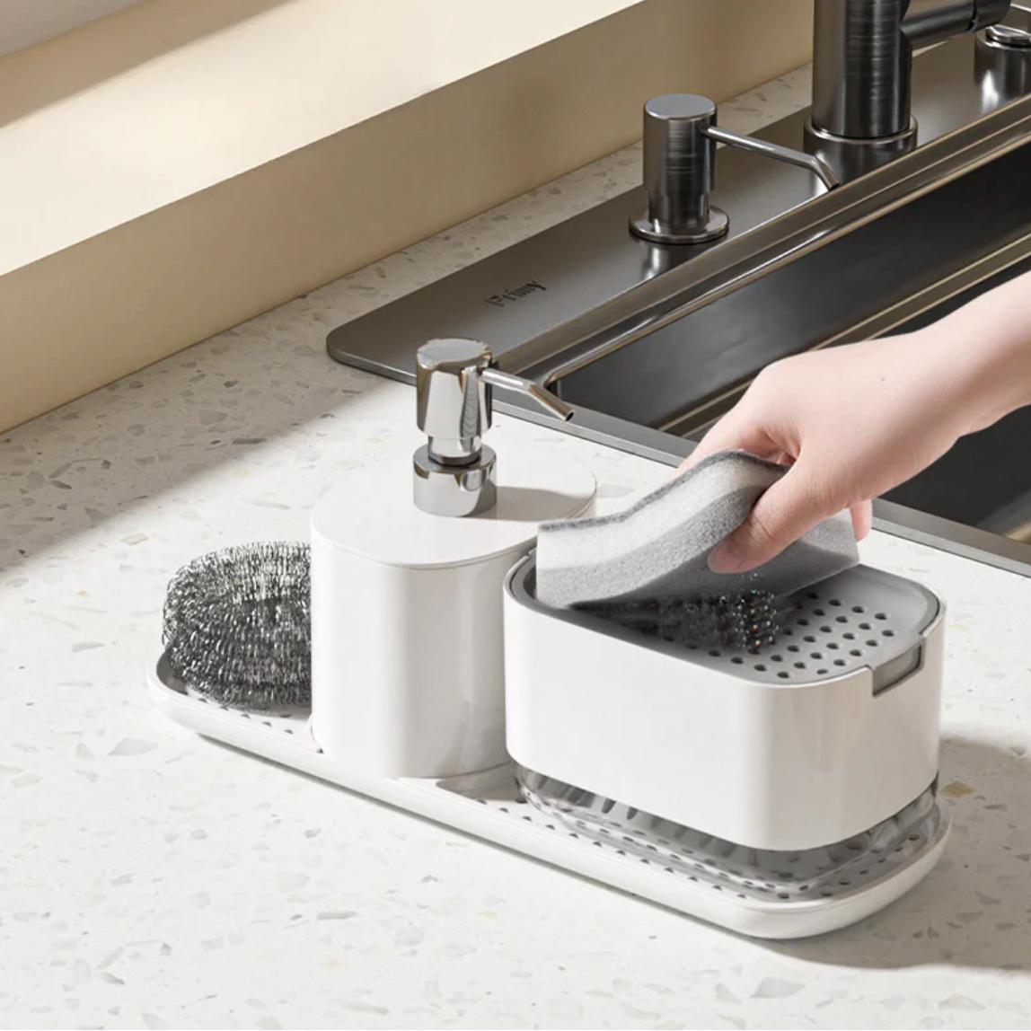 3-in-1 Soap Dispenser - Elegant Design with Organized Storage for Kitchen 6