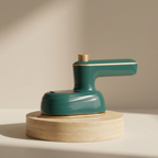 Green handheld device on a wooden platform with a beige background