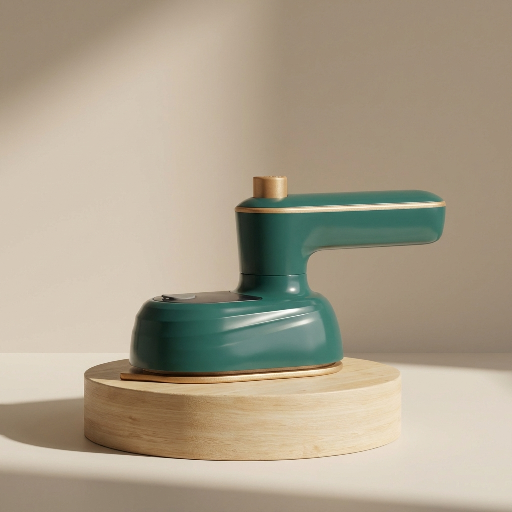Green handheld device on a wooden platform with a beige background