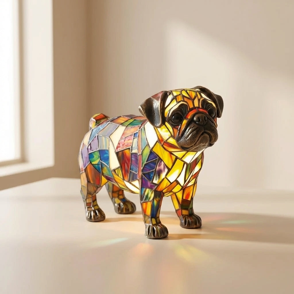 Colorful stained glass pug dog sculpture on a neutral background