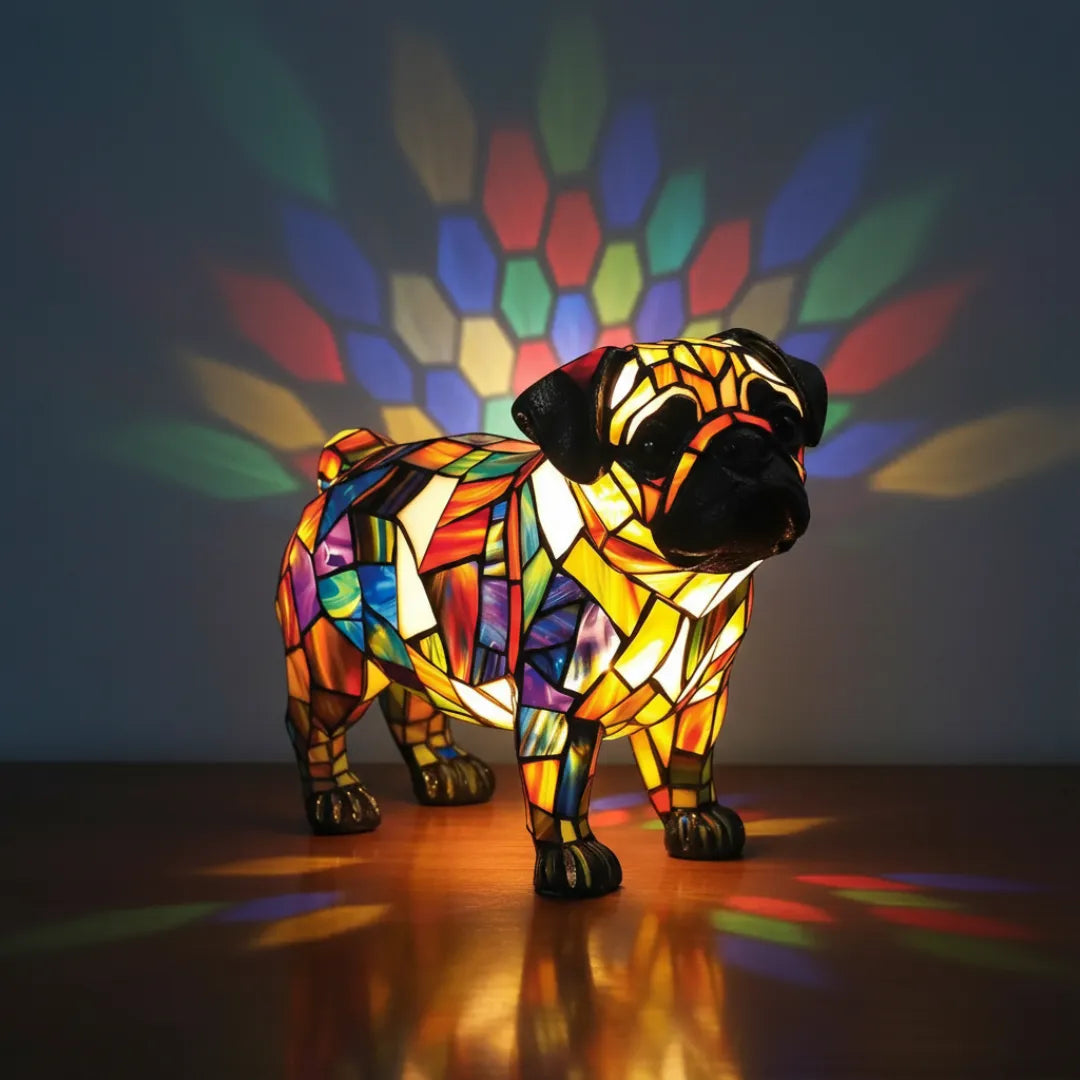 Colorful stained glass pug sculpture casting a vibrant pattern on a dark background