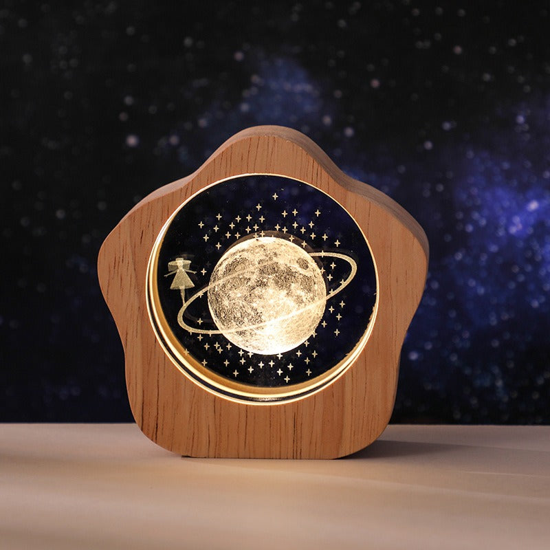 3D Crystal Carved Desk Lamp - Warm LED Light with Wooden Base 2